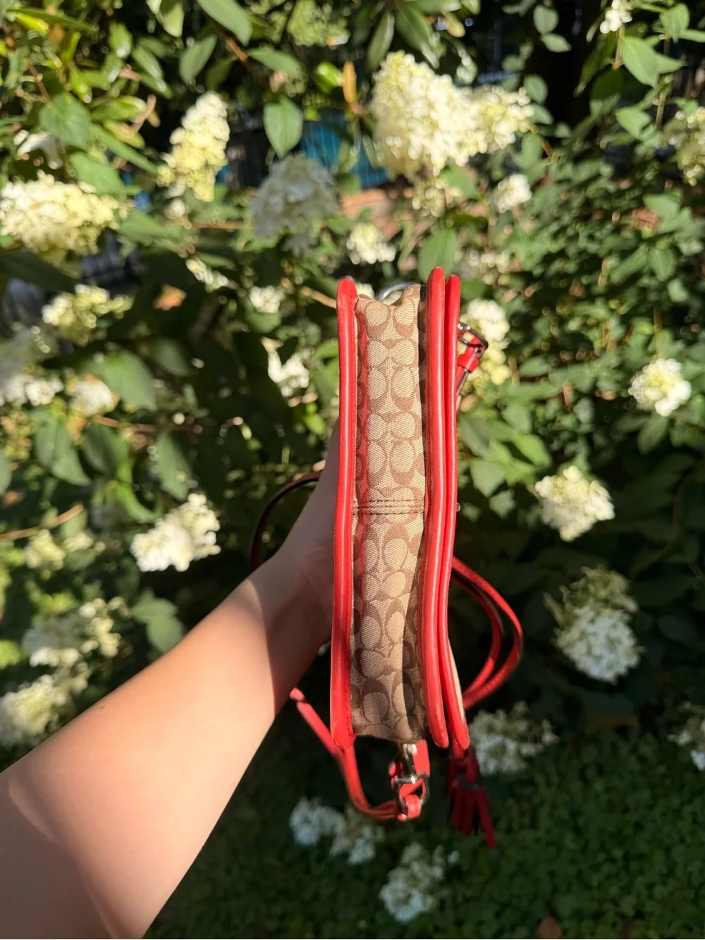 Coach Tan Signature Canvas Crossbody with Red Trim
